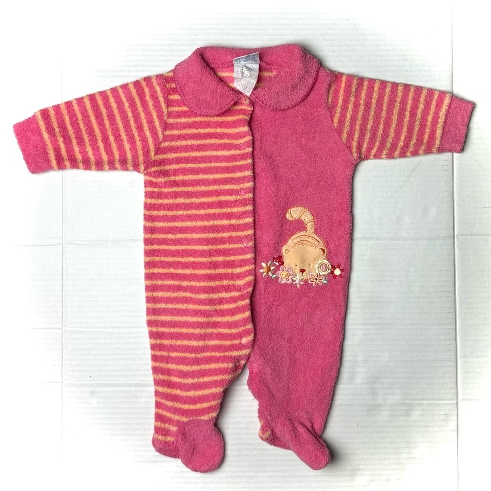Vintage Carter's Girls 0-3 Months Pink Striped Kitten Cat Terry Footie‎ Sleeper